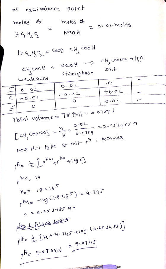 at equivalence point moles of moles of FO. 02 moles HGHz q = Nach HGH Q = Cor ct coolt CH cooNa tto salf. CH coolt + Naoth -