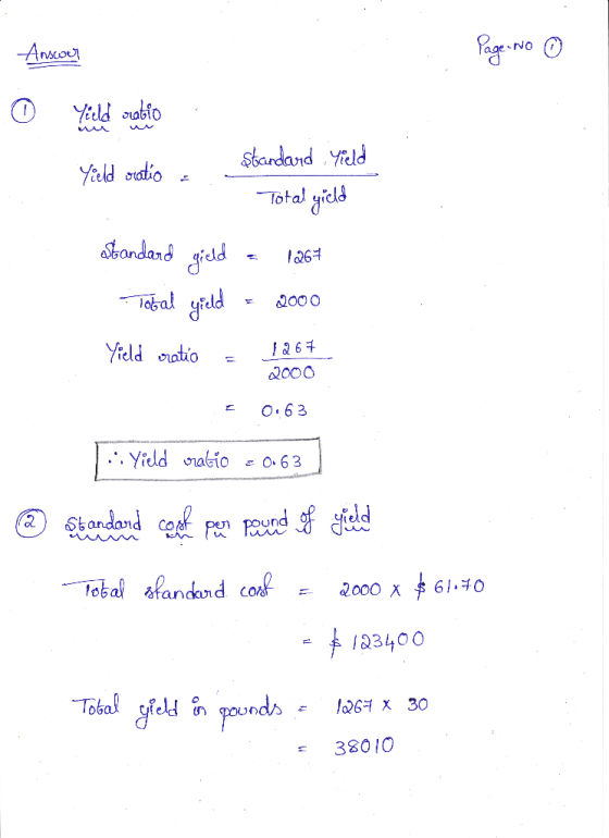- Answer Page No ① © Yield rabi Yield oratio : standard Yield Total yield standard gield = 1367 Total yield = 2000 Yield orat