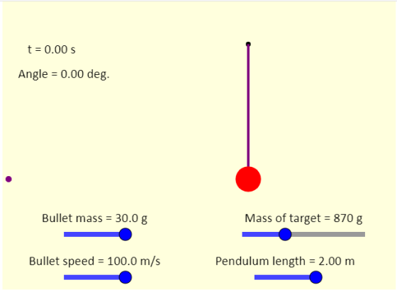 t = 0.00 S Angle = 0.00 deg. Bullet mass = 30.0 g Mass of target = 870 g Mass oftare Bullet speed = 100.0 m/s Pendulum length