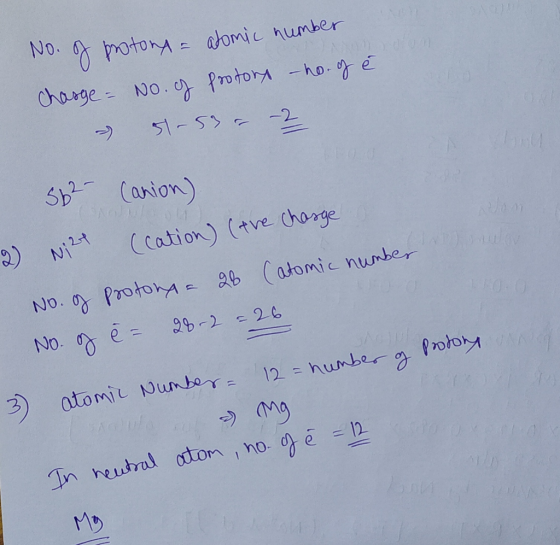 No. g potona = atomic number Charge = NO. g protora -ho-g é 51-53= -2 SB canion) 2) (cation) (tre charge Ni2+ No. g ProtonyA=