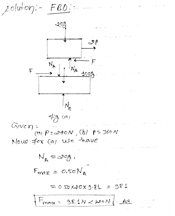 solution:- FBD:.. .. NAL, INA sood FF * 100.g 18 а Given Nove P:240N, Cbi p= 360 N for (as we have NA = cogi Fmare = 0.50NA.