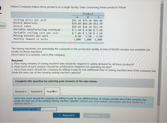 Holton Company makes three products in a single facility. Data concerning these products follow 2021 Selling price per unit D