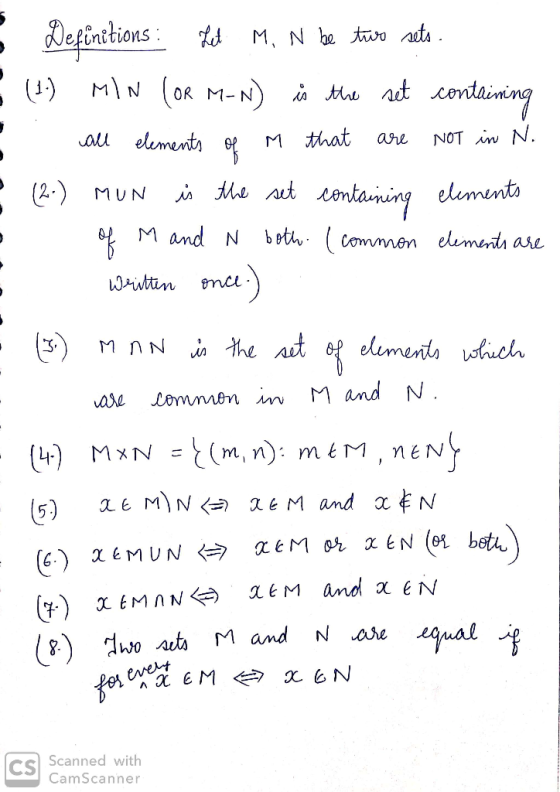 • Definitions: Let M, N be two sets. - (1) MIN (OR M-N) is the set containing I all elements of M that are NOT in N. (2-) MUN