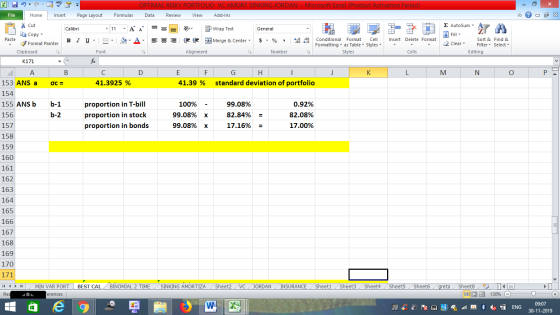 OPTIMAL RISKY PORTFOLIO VC AMORT SINKING JORDAN - Microsoft Excel (Product Activation Failed) File Home Insert Page Layout Fo