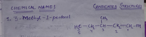 CONDENSED STRUCTURES CHEMICAL NAMES 1. 3-Methyl-1-pentano the HC-CH₂-CHT CH₂ CH-OH