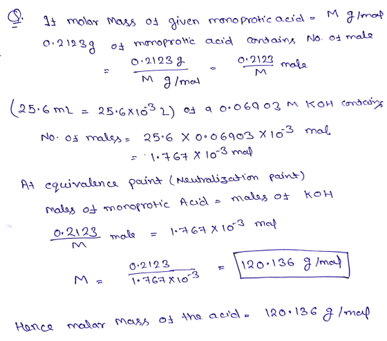 Do It molar mass of given monoprotic acid - M glmal 0.21239 of monoprotic acid contains No. of male 0.21234 02122 male m glma