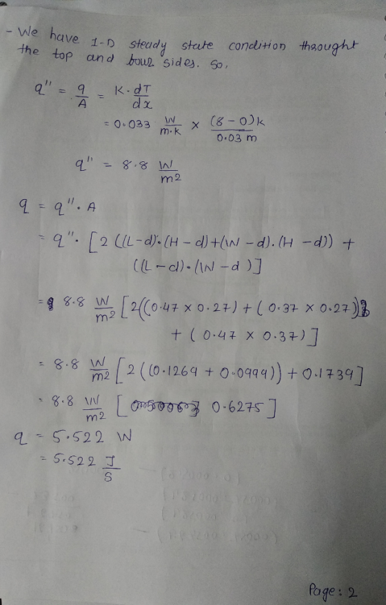 ave I-D the steady state condition top throught and bour sides. So, a = 9 - k.dT À = dx = 0.033 x (8-0)k m . 0.03 m q = 8.8