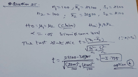 # Question 25. n=100 ,ñ, = 29100 S, 2300 z = 100 ñ = 30500, S2=2100 Ho: M = 42 (clim) HaiMiB M2 Significana lenel The test st