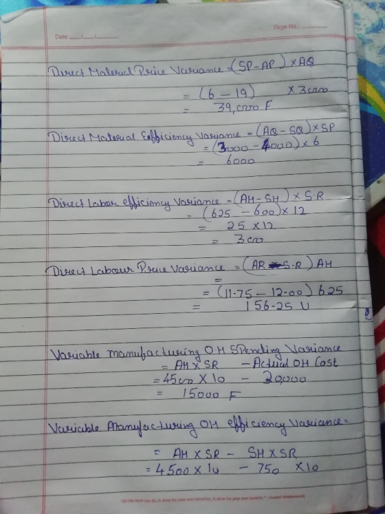 Date Page No - - Druct Material Price Variance (SP-AP) XAQ 26 - 19 X 3 unco 39. crro Direct Material Eefficiency variance (Ao