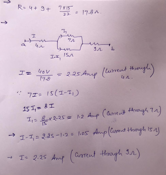 R=4+9+ 7x15 22 - 17.80 I I M 72 4u را ir b JI Isu Ia You (7.8 E 2.25 Any (current through) 73= 15(I-I, 151,- 81 I = 8 x 2.25