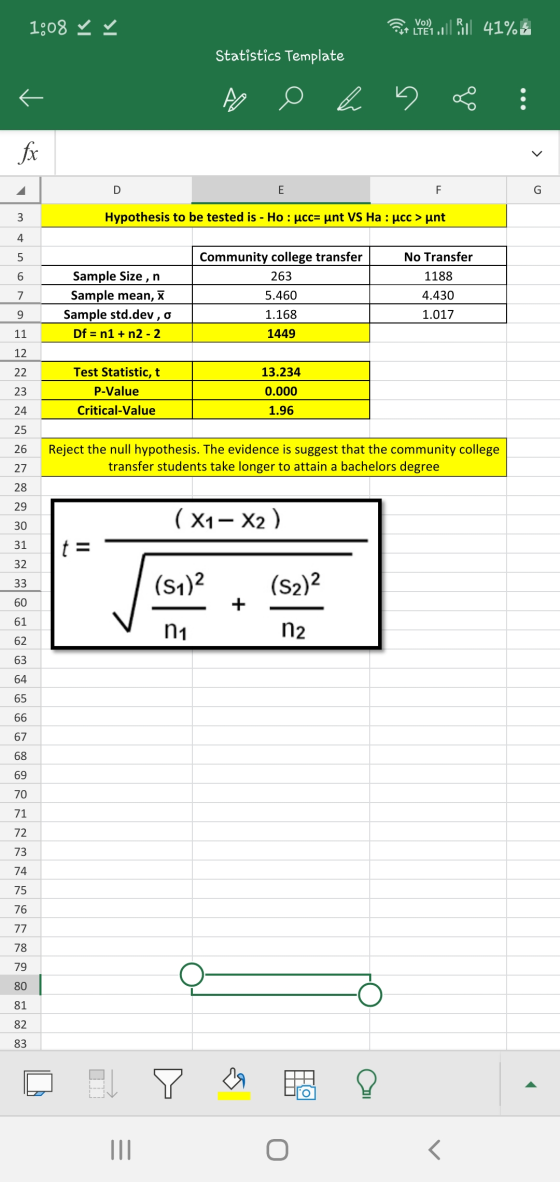 1:08 v yol Bil 41% + LTE11 Statistics Template & fx < D E F G 3 Hypothesis to be tested is - Ho: ucc= unt VS Ha : ucc> unt 4