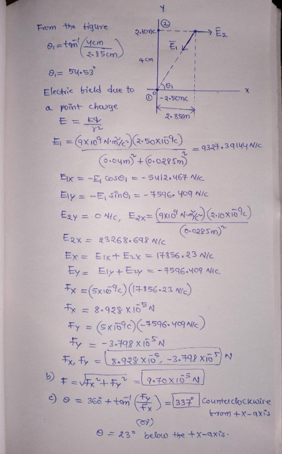solone 2. Ionct--- > E, --50mc 2.85m = 9327.39144NK From the figure = tem um ) (2 85cm) 4cm , 0,= 54.53 Electric field due to