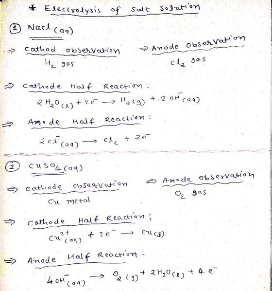 * Electrolysis of salt solution ③ Nach caq) 7 observation Anode cathod H₂ observation gas cla gas - cathode Half Reaction .