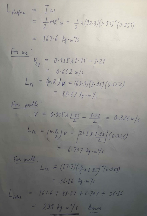 Lplesfera = Iw ZMR? w = 4x (92-3)(1 958 (0.955) 2 V - P, g = 167.6 kg-m/ For me : 0.955 X 1.95- 1.21 0.652 m/s Le = (mR /v =
