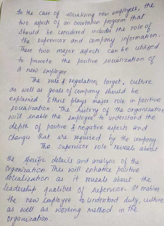 new employees, the In the case of socializing new employ new crom that two aspects of an orientation program the should be co