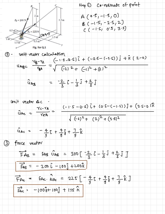 step 6 Co-ordnate of point A (0.5,-1.5, 0) B (-1.5, -2.5,2) CC-lis, OʻS, 3-5) Fg = 300 N T 3.5 m 0.5 m > Fc = 225N cao 0.5 m