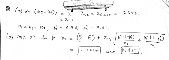 (a) na (100-99)%. Za12 20.005 - 2.576, =1% -0.01 ni = n2= 100, pi= 0.76, pê 0,61. (a) 99% eI for b-b2 = ê -²) + Zarza ê (1-6