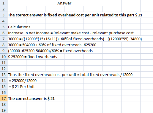 Answer 3 The correct answer is fixed overhead cost per unit related to this part $ 21 5 Calculations 6 increase in net Income