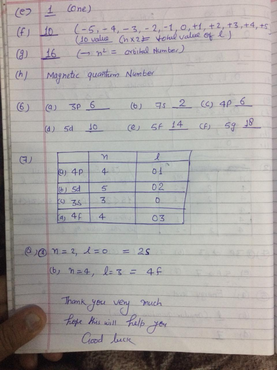 (e 1 cone) 10 (-5,- 4, -3,- 2, 1, 0, +1, +2, +3, +4, +5 (10 value (nx27 totul value of el n2 = orbital Number) 16 (h) Magneti