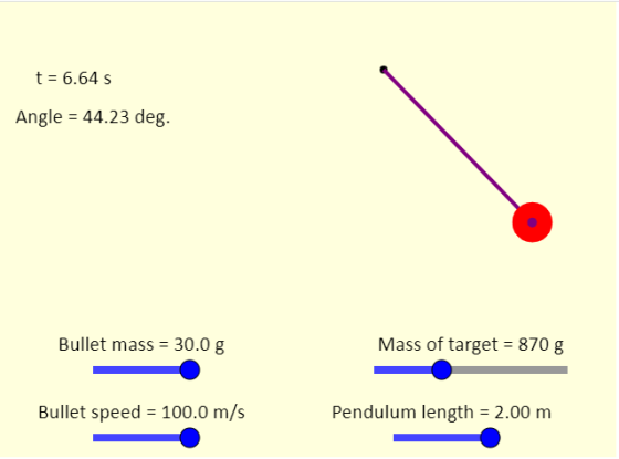 t = 6.64 S Angle = 44.23 deg. Bullet mass = 30.0 g Mass of target = 870 g *00% Mass of target = 870 g Bulet speed =1000 m Bul