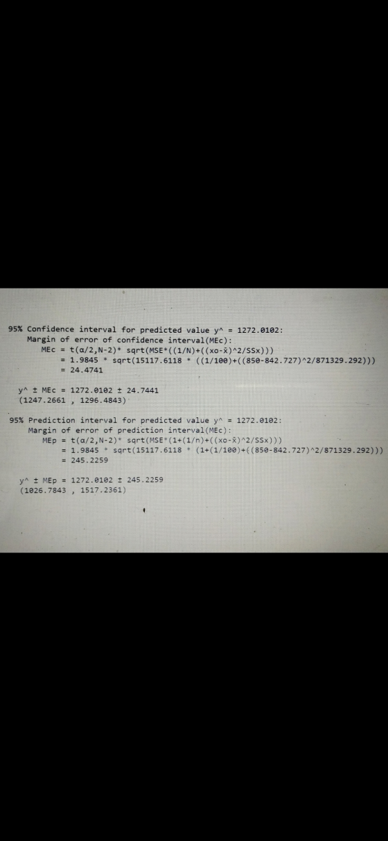 95% Confidence interval for predicted value y^ = 1272.0102: Margin of error of confidence interval(MEC): MEC = t(a/2, N-2)* s