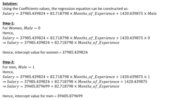 Solution: Using the Coefficients values, the regression equation can be constructed as: Salary - 37985.439824 + 82.718798 X M