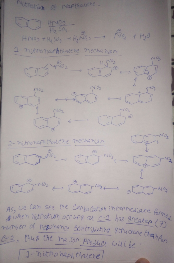 Nitration of Napthalene. HNO3 H, Sou Hoog + H₂SO4 H₂ No No t HO 1-nitronaphthalene mechanson wou Have Ney NO₂ NOL 2- nitronap