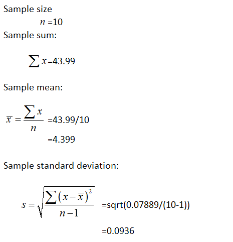 Sample size n =10 Sample sum: x=43.99 Sample mean: F-24 -43.99/10 =4.399 Sample standard deviation: *(x-7) S=1 V Esqrt(0.0788