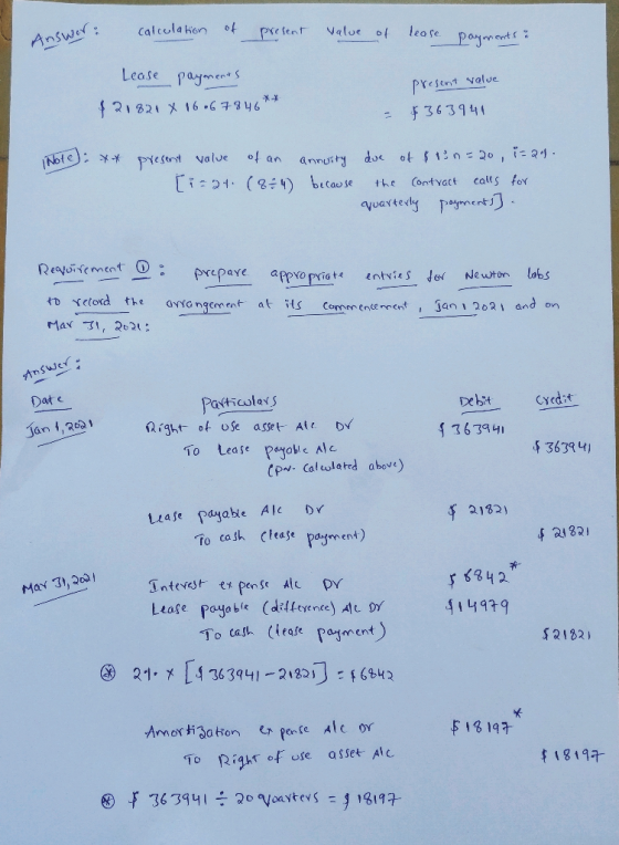 Answer: calculation of present value of lease payments Lease payments $21821 X 16.67846*. present value $363944 Note: ** pres