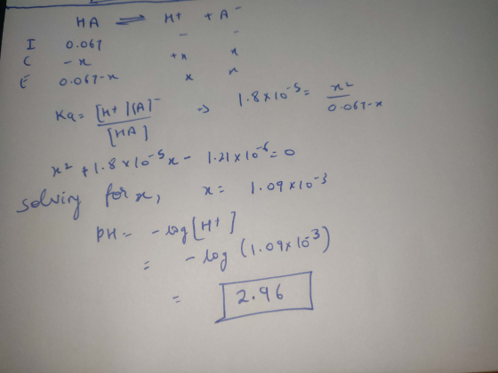 HA - H & A- 0.067 x O 0.067-2 Ka= [t+IIAT n. 1.8x103 - 0.067-n HAI 12 +1.8x10s - 1.21x106co solving for, er 1.09610-3 PH- - t