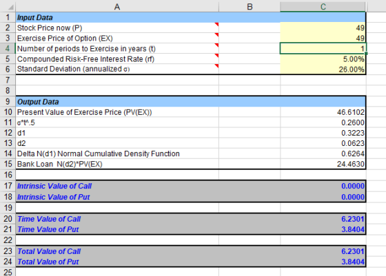 B. _ C 5.00% 26.00% А 1 Input Data 2 Stock Price now (P) 3 Exercise Price of Option (EX) 4 Number of periods to Exercise in y