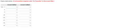 Prepare a basic analysis. (If no transaction is required, select No Transaction for the account titles Account Debited Account Credited une 1 18 25 27 28 29