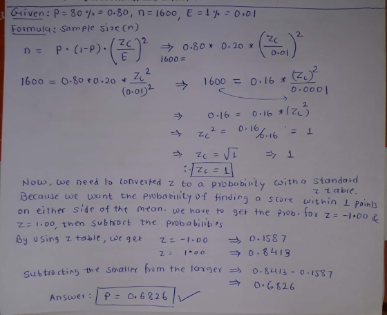 Formula; sample size (n) Zc12 O.ol 1600= 2 1600 = 0.80 t 0.20 * (0-01)2 → 1600こ0-16 x (Z02 2. i 6 Now, we need to lonvested z