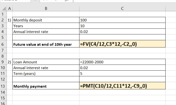 B 2 1) Monthly deposit Years Annual interest rate 10 mt 0.02 Future value at end of 10th year =FV(C4/12,C3*12,-C2,,0) =22000-