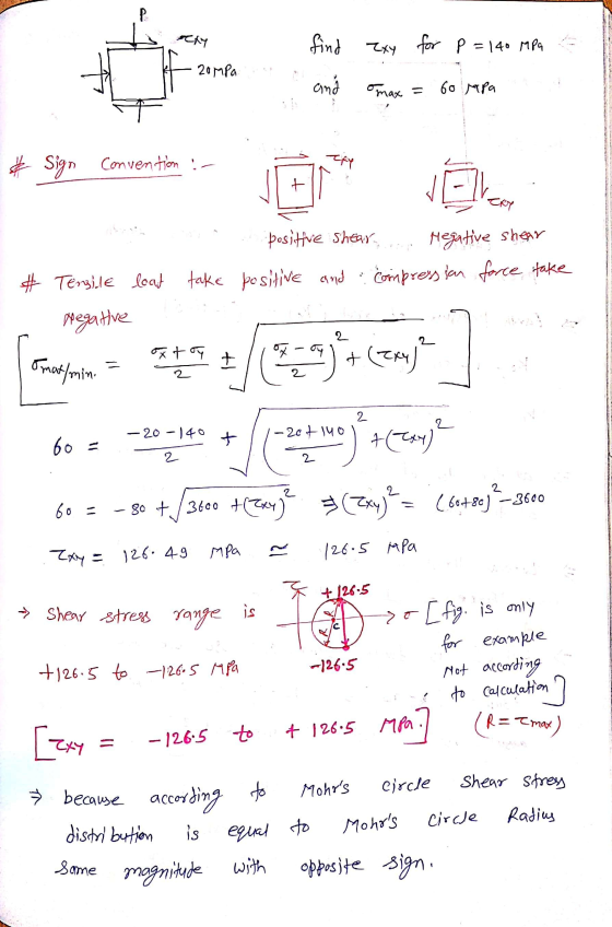 find exy for p = 140 MPa 6 - 2ompa . Смд mas = 60 лhа Sign convention :- bositive Shears Megative shear positive and compres
