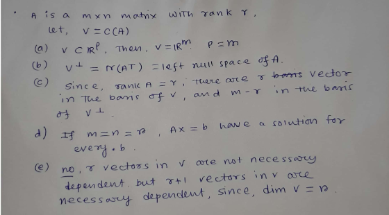 A is a mxn matrix with rank r, let, v=CCA) (a) vcIRP Then, v=1RM P=m (6) vt=NCAT) = left null space of A. er since, rank A=r,