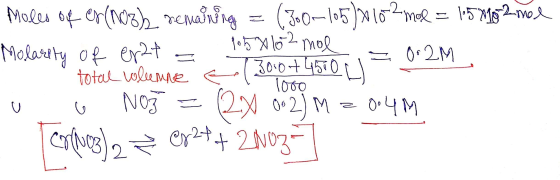 Moles of er(nozh remaining = (300-105) 2010-2 mol = 1,5 M82 mol Molarity of erat = 1054102 mol iso - total wolenne e (3000+45