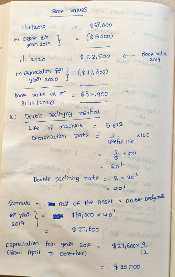 BOOK values o f Lorra 1/4/2019 E) Deprec far geon 2014 = = $69,000 ($16,500) 2 . 6 Seo Book value 2019 11/2020 cubreg $ 52,50