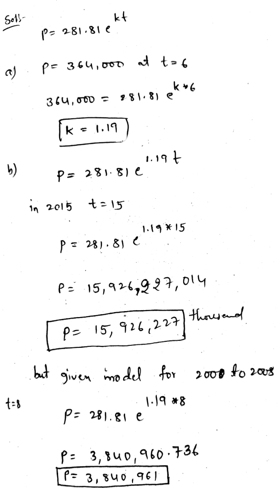 Soll- kt P- 281.81 € at t=6 a) p= 364,000 k*6 364,000 = 981. 8) e 1.19 1.19 at b ) P= 281.81 in 2015 t= 15 1.19 *15 P = 28.8i