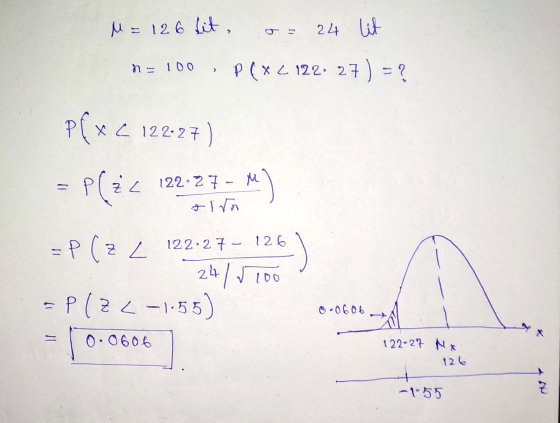 M = 126 lit - 24 lit na 100 , P(x2122• 27 ) = ? Pfx < 122-24) = P(Z < 122:27M) = P(Z < 122:27 - 126 24/1100 = P(Z < -1.55) =