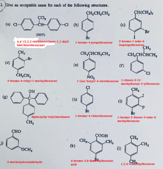 2. Give an acceptable name for each of the following structures. om . ÇH_CH_CH, CCI OBOHASE Br (DDT) Br 1-bromo-4-propylbenze