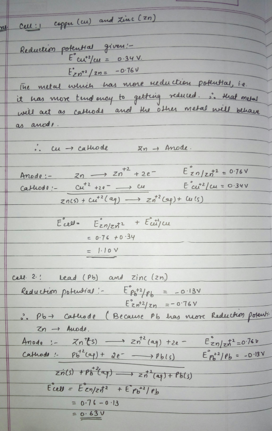 Cell: copper (c) and Zinc (zn) Reduction potential given! - E cut?lcu = 0.34 V. Ernt2/zn = -0.760 The metal which has more re