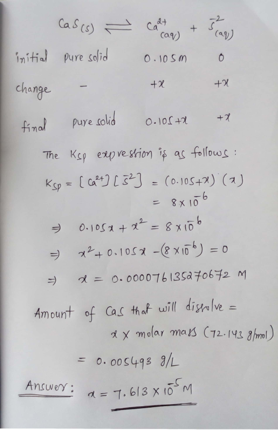 Cas(s) - Carta + 5lag) initial pure solid 0.10sm o change - + + final pure solid 0.105th + The Ksp expression is as follows:
