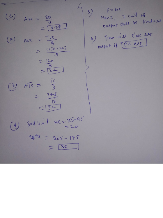 (1) AFC = 30 p=MC Hence, 7 unit of output shall be produced. = 1428 (2) Ave - The - 15030 6) from will close the output if TP