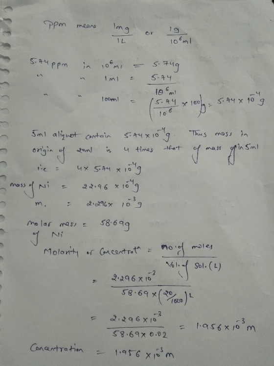 lmg means 10ml 1L 6 10 m S S-4 t mi le m 10oml nl aliguot Contain Thus mass ongin Hhet mass 4 times *119 * 119 4x 5.44 Ni mas