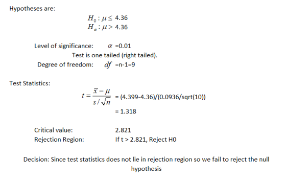 Hypotheses are: H:us 4.36 u > 4.36 H Level of significance: a =0.01 Test is one tailed (right tailed). Degree of freedom: df
