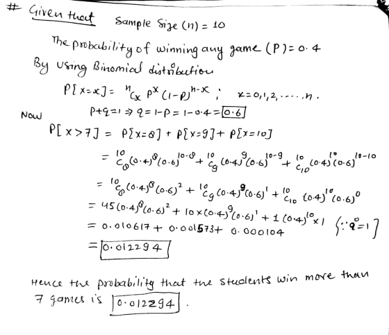 # Given that Now Sample Size (n) = 10 The probability of winning any game (P)=0.4 By using Binomial distribution P{ x=x) = c