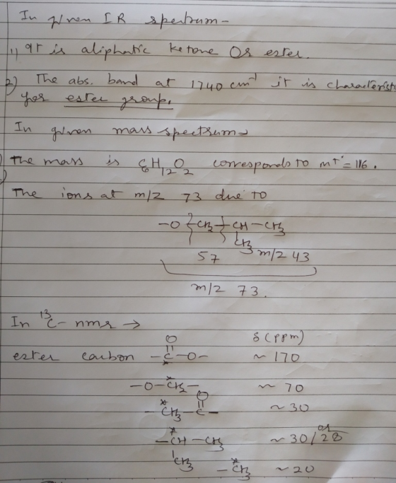- In When IR spectrum- Tar is aliphatic ketone Os ester 2) The abs, band at 1740 cm it is characterist yer ester group, In gi