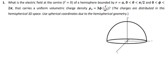 what is the electric field at the centre (γ 2 , that carries a uniform volumetric charge density ,-аф(mg)? (The charges are distributed in this hemispherical 3D space. Use spherical coordinates due to the hemispherical geometry.) 1, 0) of a hemisphere bounded by r-a, 0 < θ < π/2 and 0 < φ <