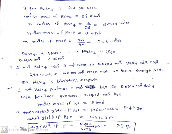 agm Hasoa + au im naoh molar mass of Hasoq = 98 almal a moles of Haso q = 2 = 0.0204 moles molar mass of Naopt = yo almal a m